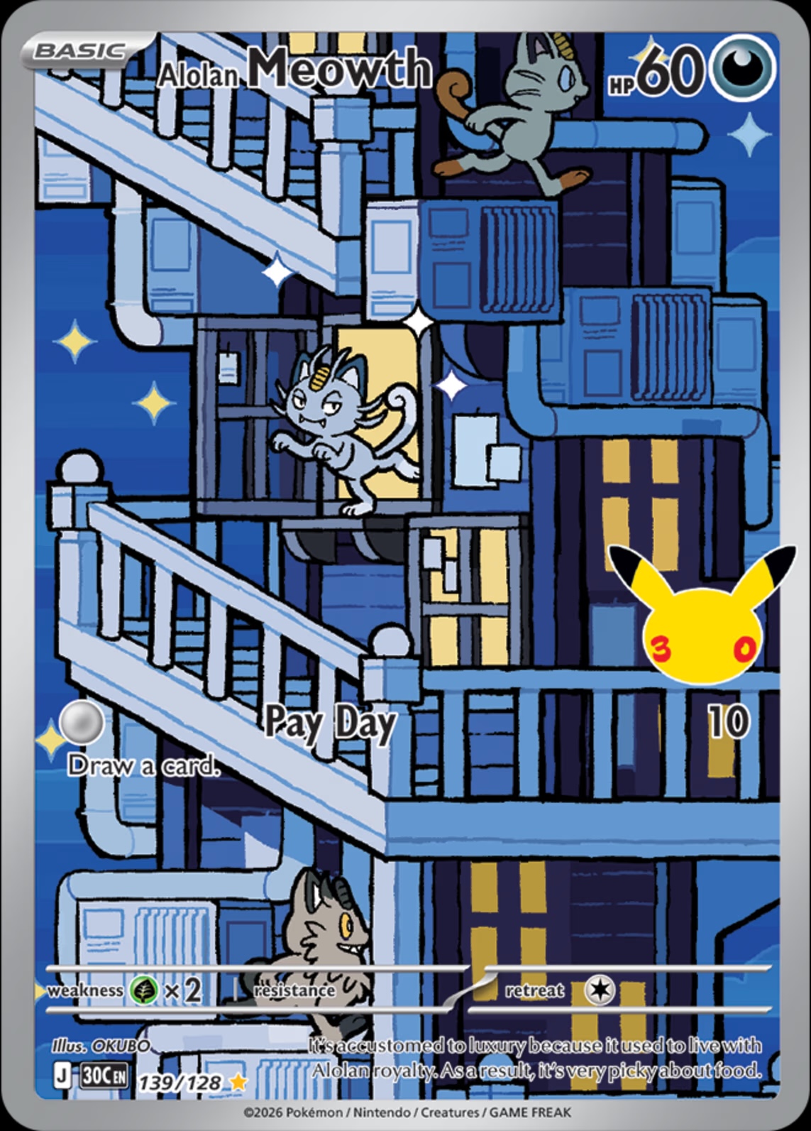 Alolan Meowth illustration rare 139/128 from Pokemon TCG 30th Celebration, illustrated by OKUBO