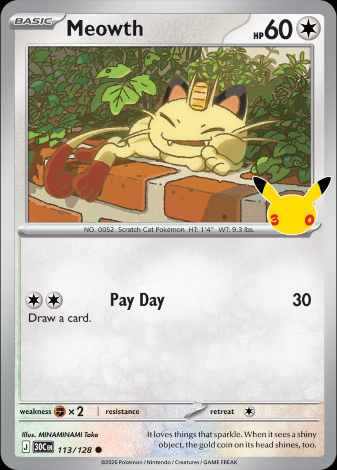 Meowth 113/128 from Pokemon TCG 30th Celebration, illustrated by MINAMINAMI Take