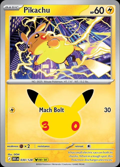 English Pikachu 030/128 — Pokemon TCG 30th Celebration