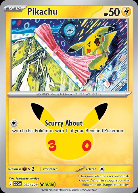English Pikachu 032/128 — Pokemon TCG 30th Celebration