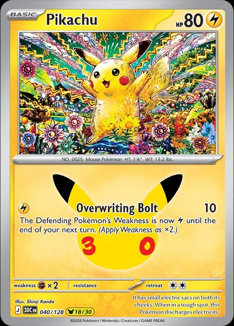 English Pikachu 040/128 — Pokemon TCG 30th Celebration