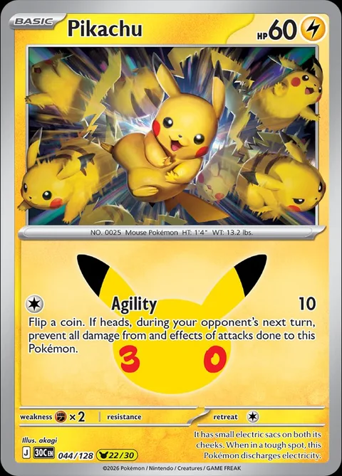 English Pikachu 044/128 — Pokemon TCG 30th Celebration