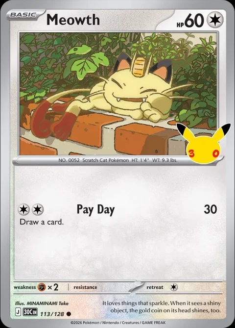 English Meowth 113/128 — Pokemon TCG 30th Celebration