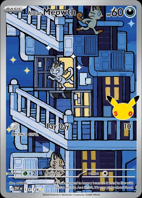 English Alolan Meowth 139/128 — Pokemon TCG 30th Celebration