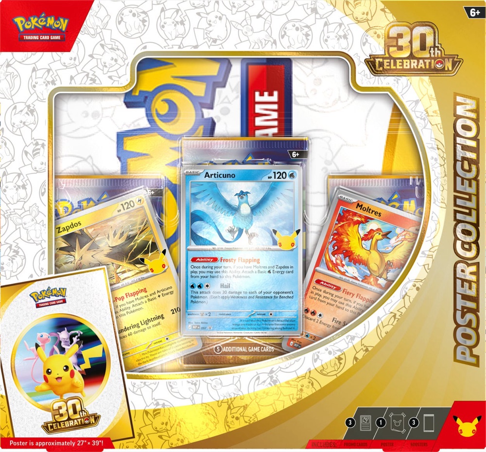 Pokemon TCG 30th Celebration Poster Collection with Articuno, Zapdos, and Moltres promo cards