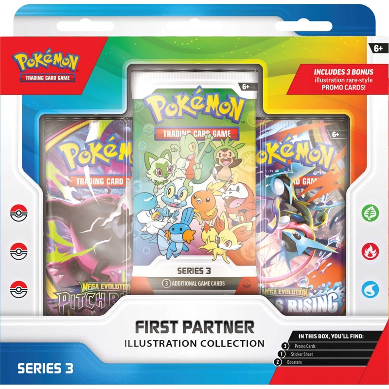 Pokemon TCG First Partner Illustration Collection Series 3 box with promo pack, two booster packs, and sticker sheet
