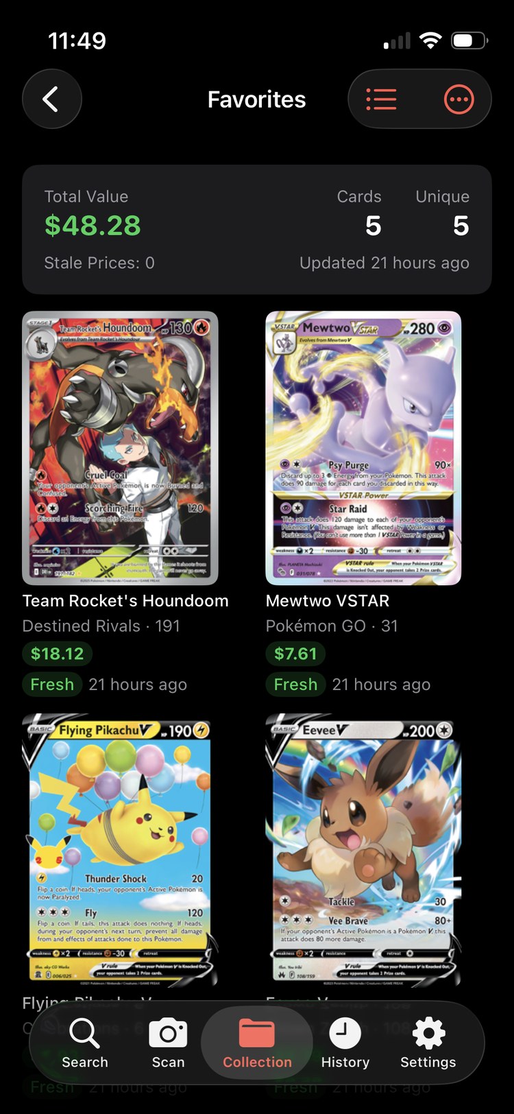 MonZap collection tracker showing card values