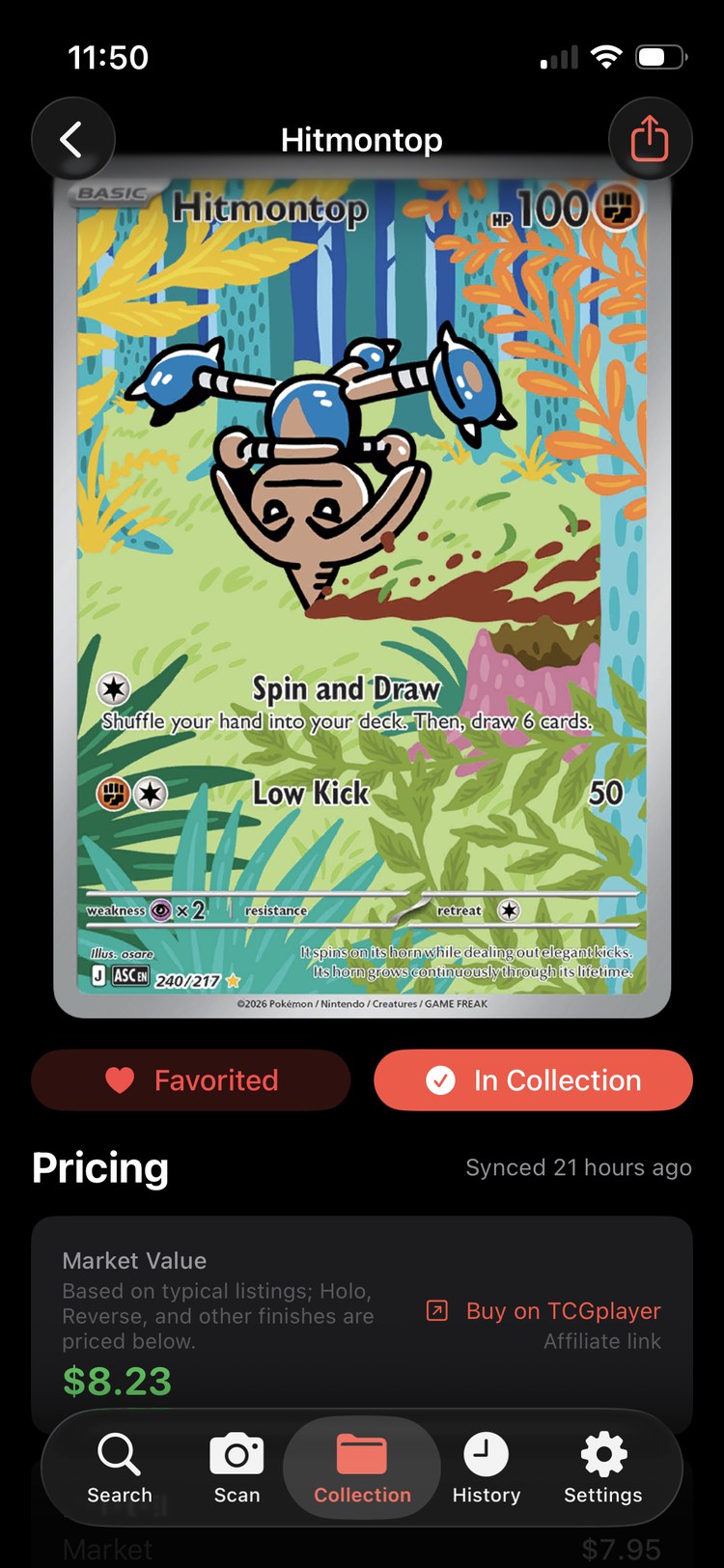 Favorited Pokémon card marked in collection with market value in MonZap