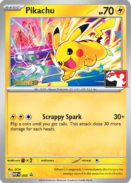 Winner-stamped Pikachu MEP 093 promo card for 2026 Worlds Celebration tournaments