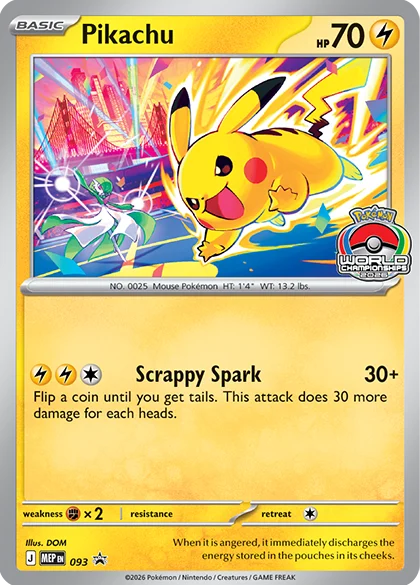 Pikachu MEP 093 participation promo card for 2026 Worlds Celebration tournaments
