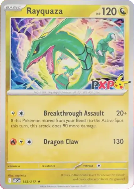 Rayquaza promo card with PokemonXP stamp for 2026 event attendees